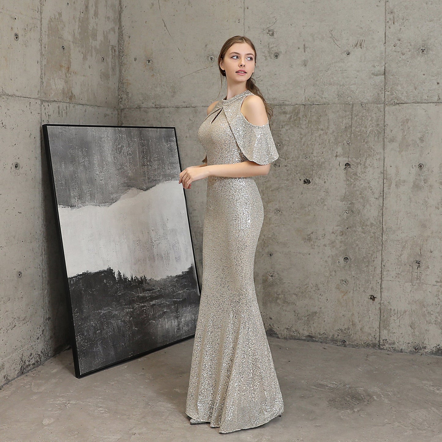 Short Sleeve Sequin Formal Dress