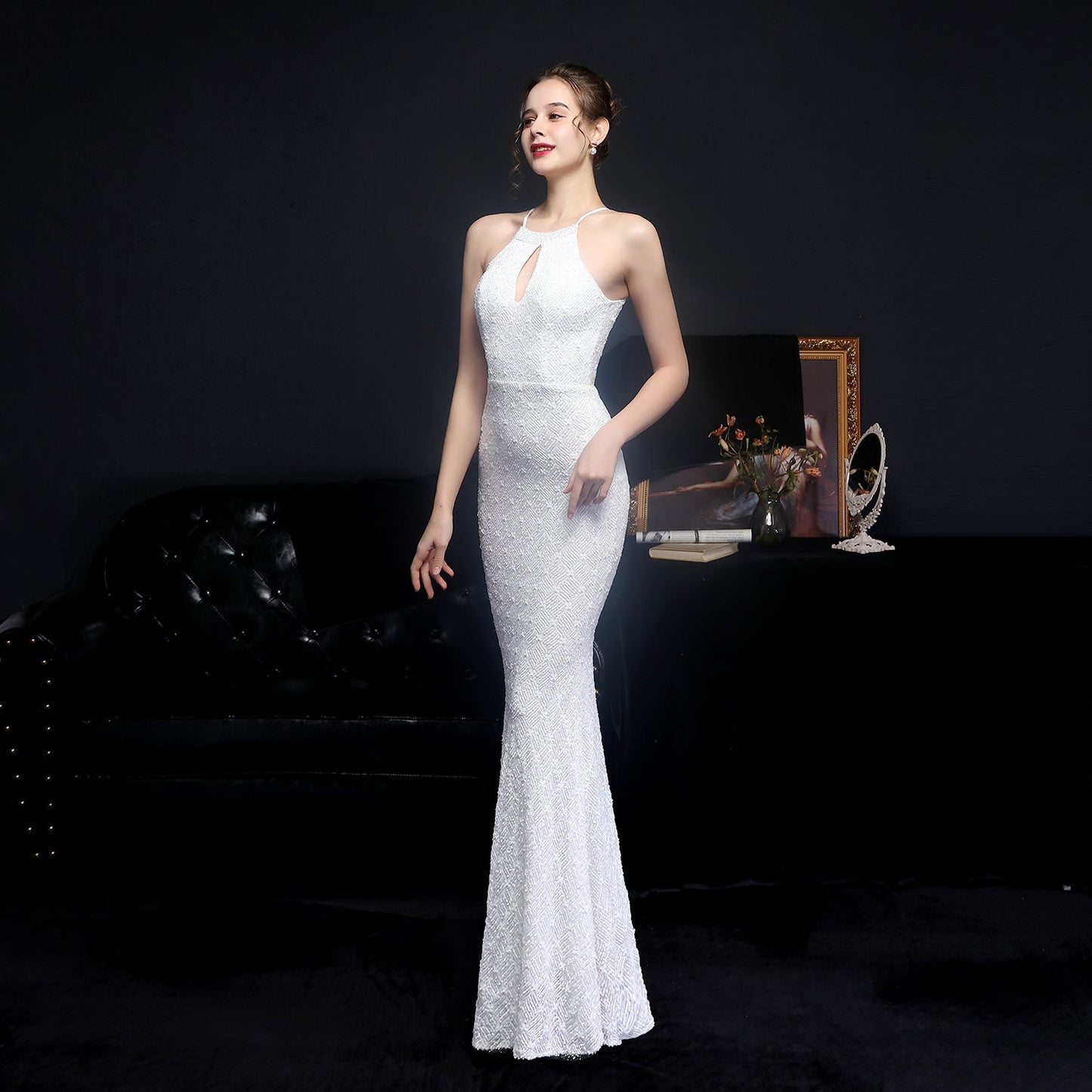 Long Neck Stapled Formal Dresses