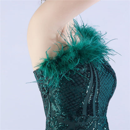 Beaded and Ostrich Fur Sequined Formal Dress