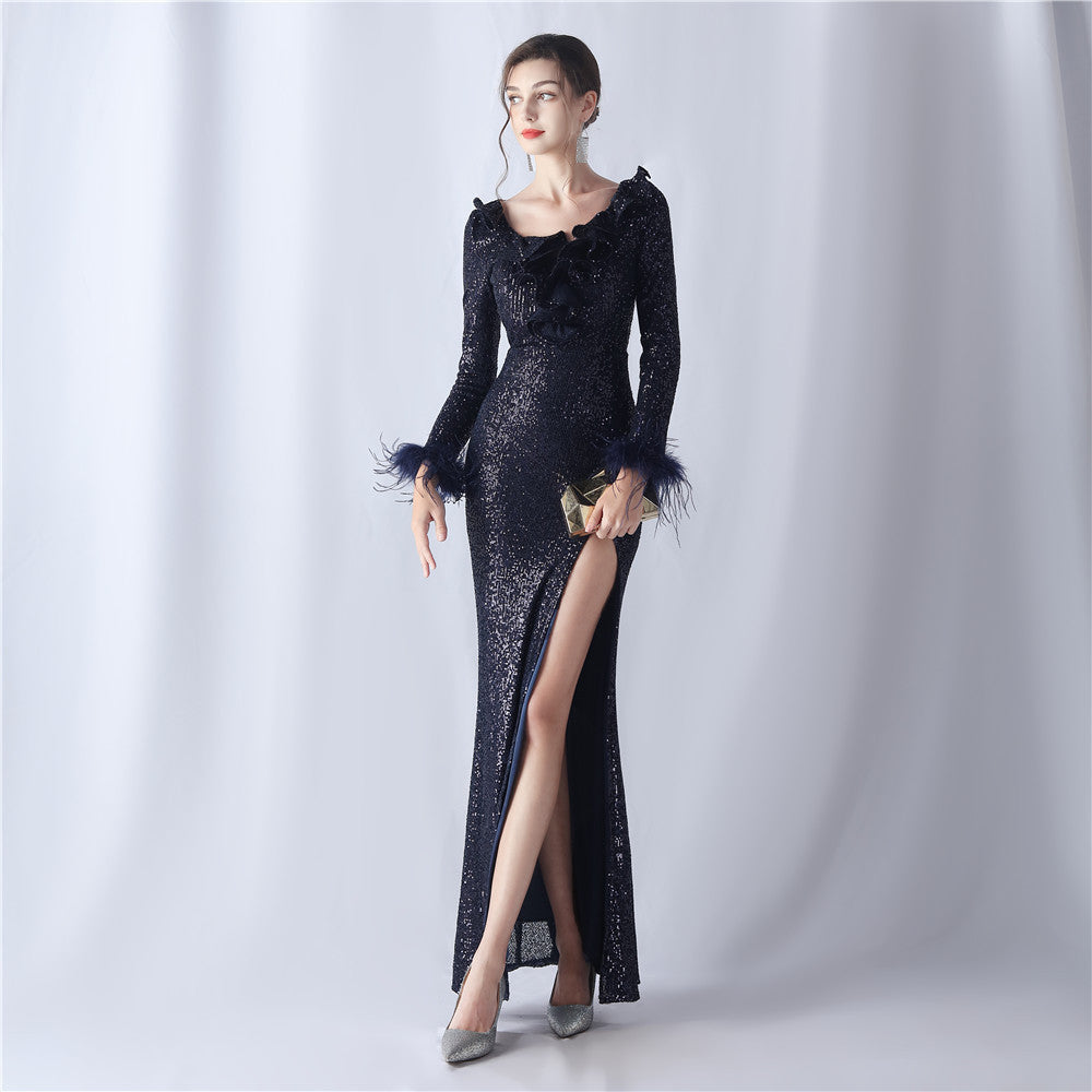 Ostrich Wave Beaded Formal Dress