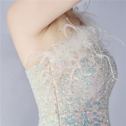 Ostrich Fur One-Shoulder Slant Neck Beaded Maxi Formal Dress