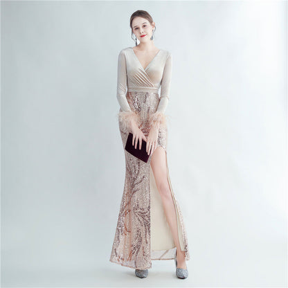 Ostrich Beaded Velvet Side Split Formal Dress