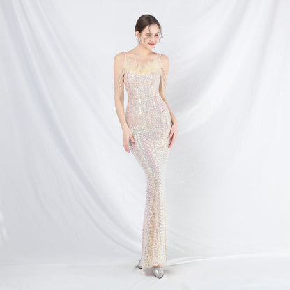 Ostrich Fur Illusion Beaded Formal Dress