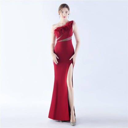 Fur Rhinestone Formal Dress