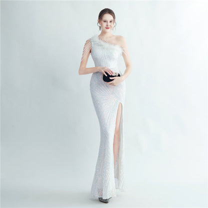 Fur Layered Beaded Formal Dress