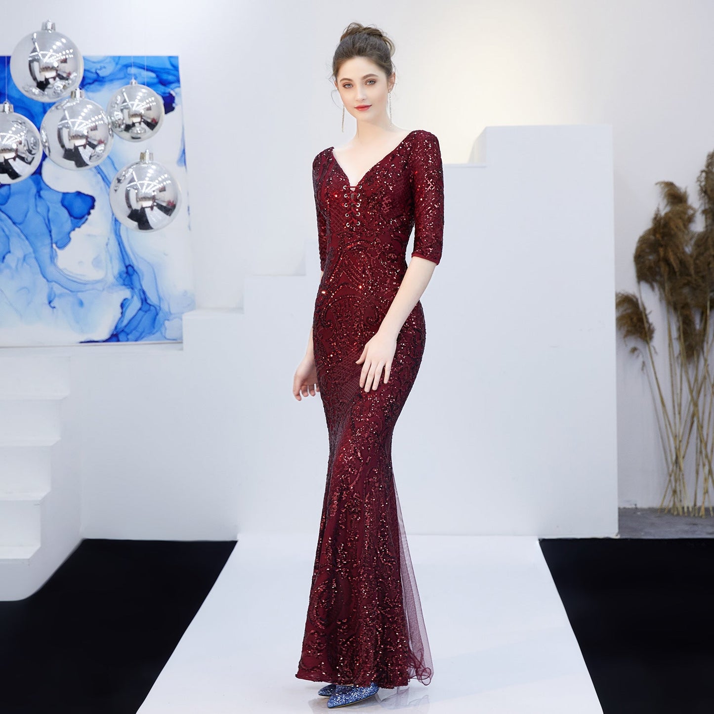 Neck Sequin Formal Dress