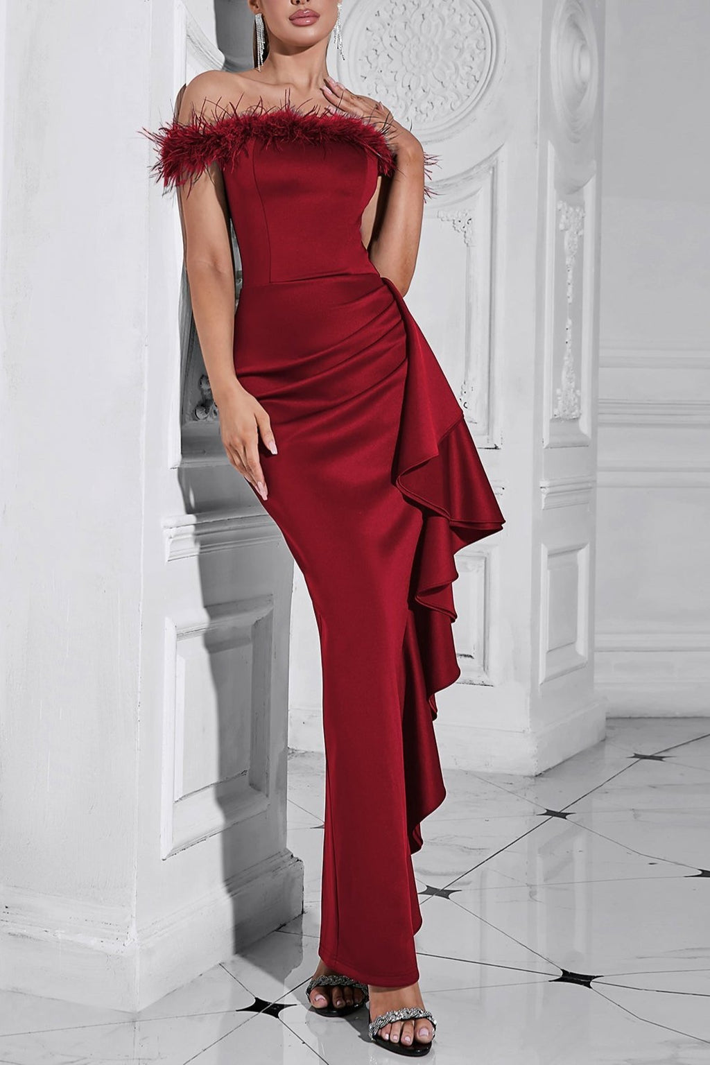 Draped Sheath feather detail maxi Dress in red