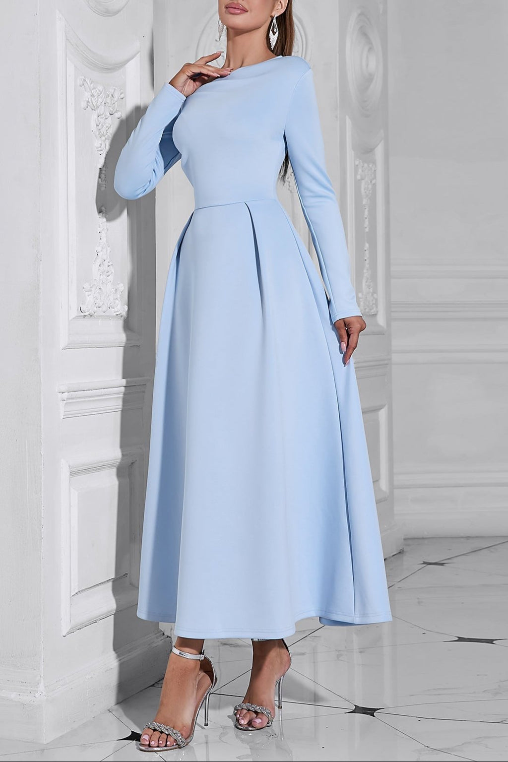 long sleeve satin a-line maxi dress in blue