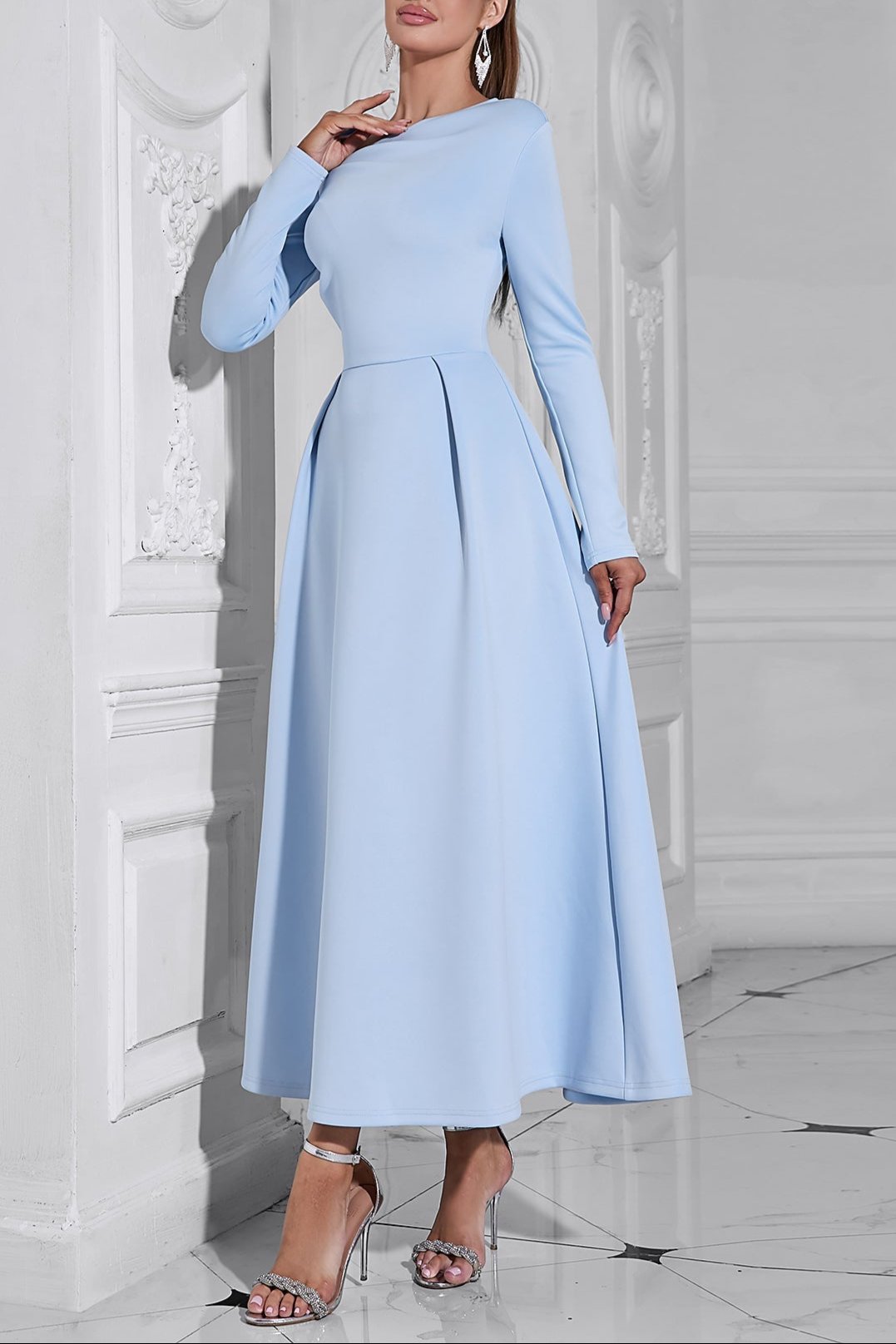 long sleeve satin a-line maxi dress in blue