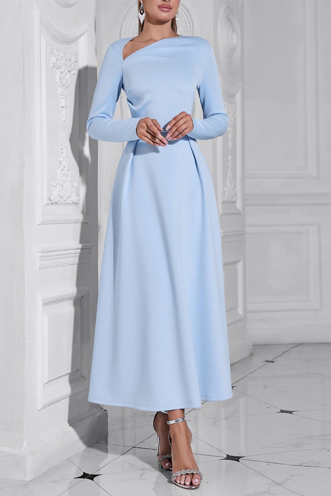 long sleeve satin a-line maxi dress in blue