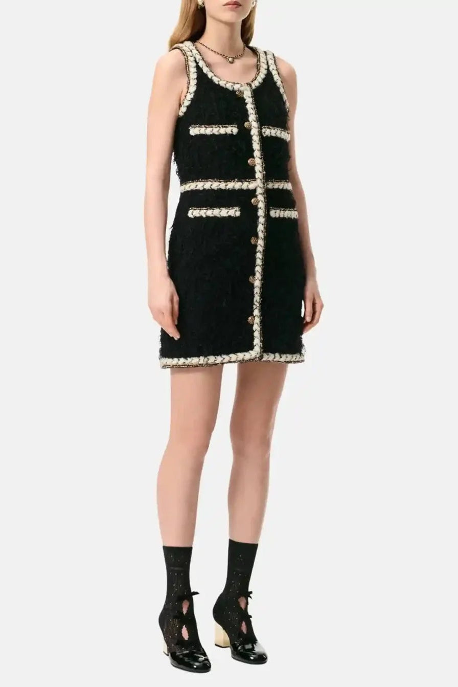 Abito corto senza maniche in tweed di lana nero