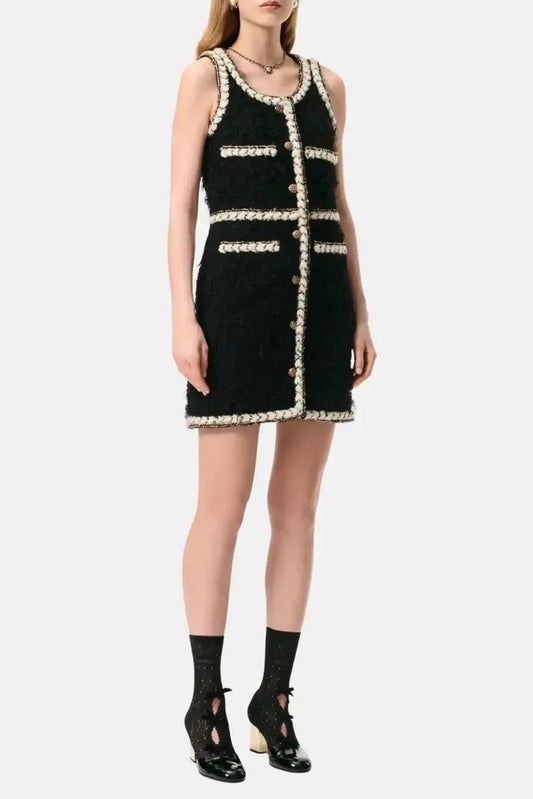 Abito corto senza maniche in tweed di lana nero