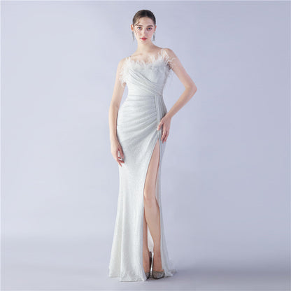 Ostrich Beaded Side Split Formal Dress