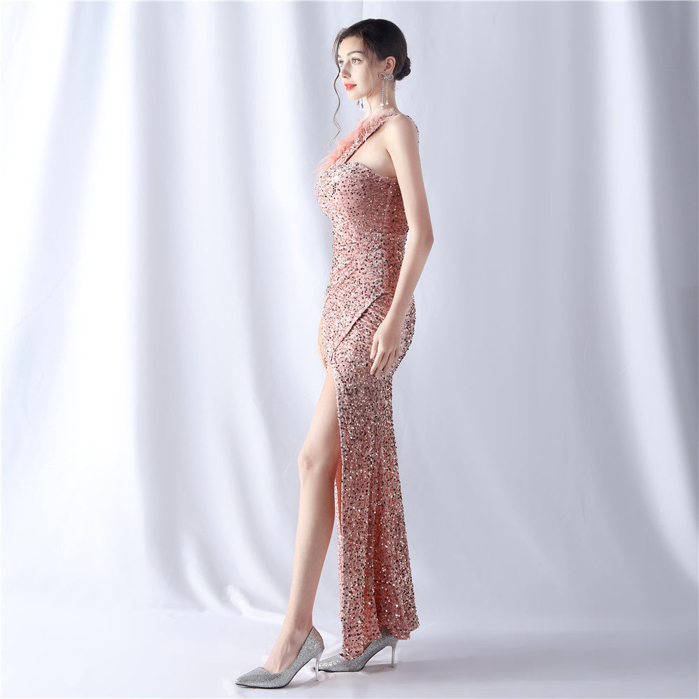 Ostrich Velvet Bottom One Shoulder Formal Dress