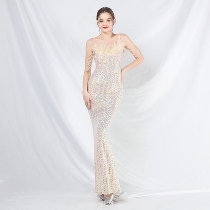 Ostrich Fur Illusion Beaded Formal Dress