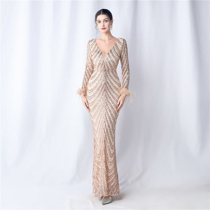 Ostrich Fur Long Sleeve Formal Dress