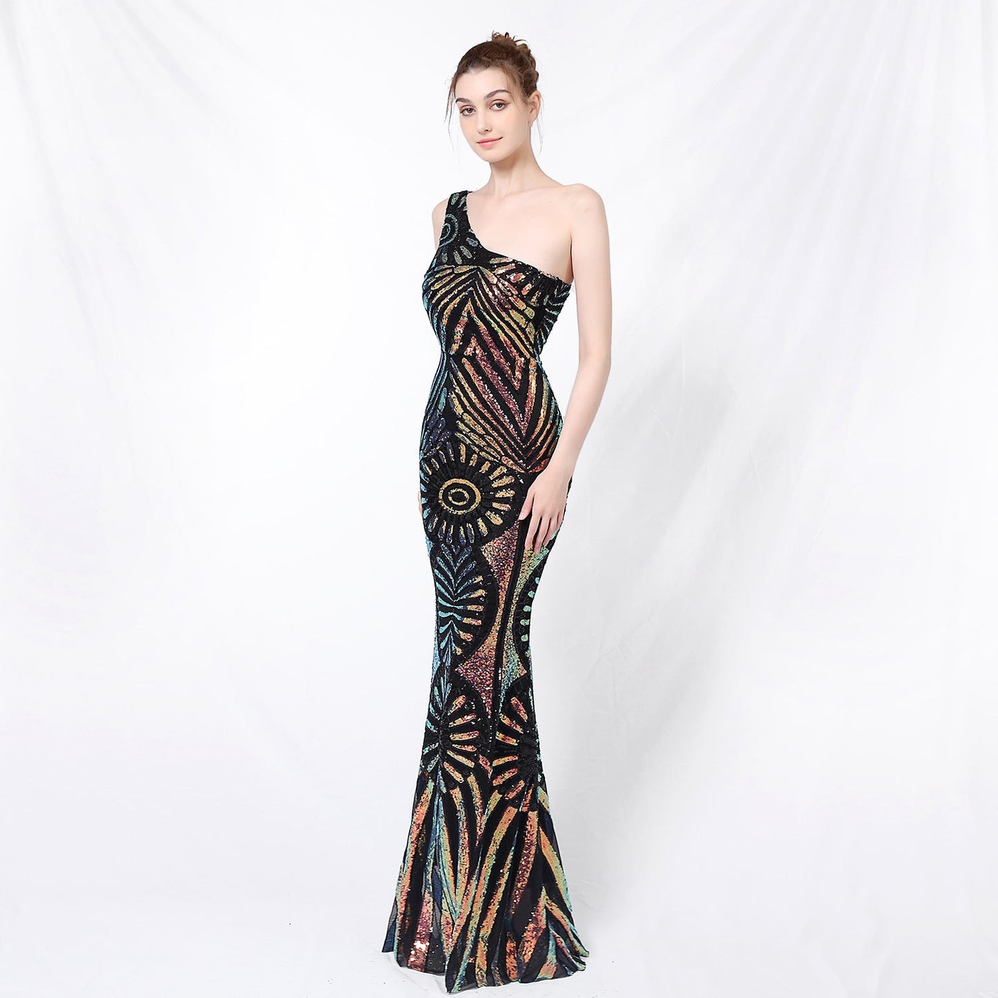 One Shoulder Sequin Fishtail Formal Dress