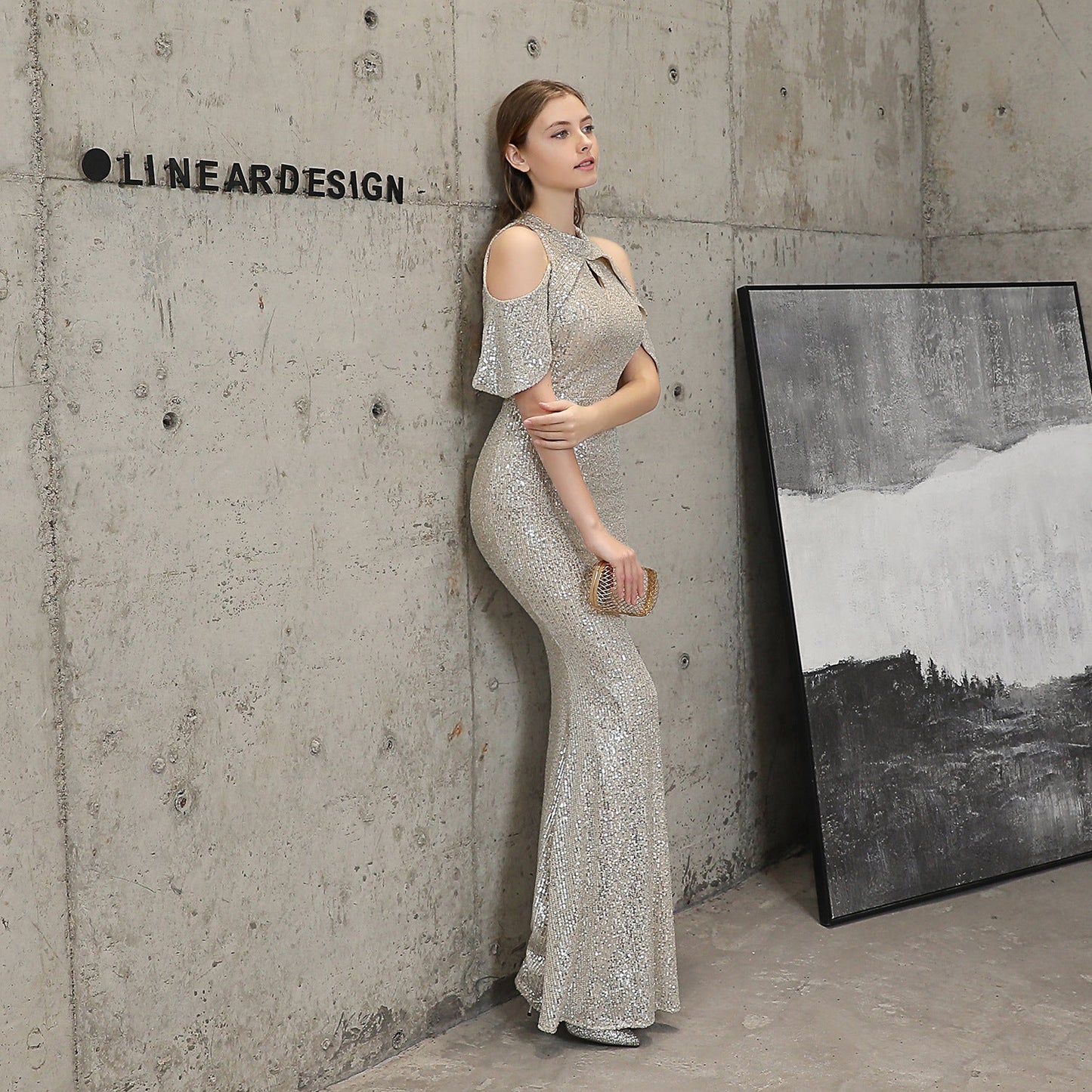 Short Sleeve Sequin Formal Dress