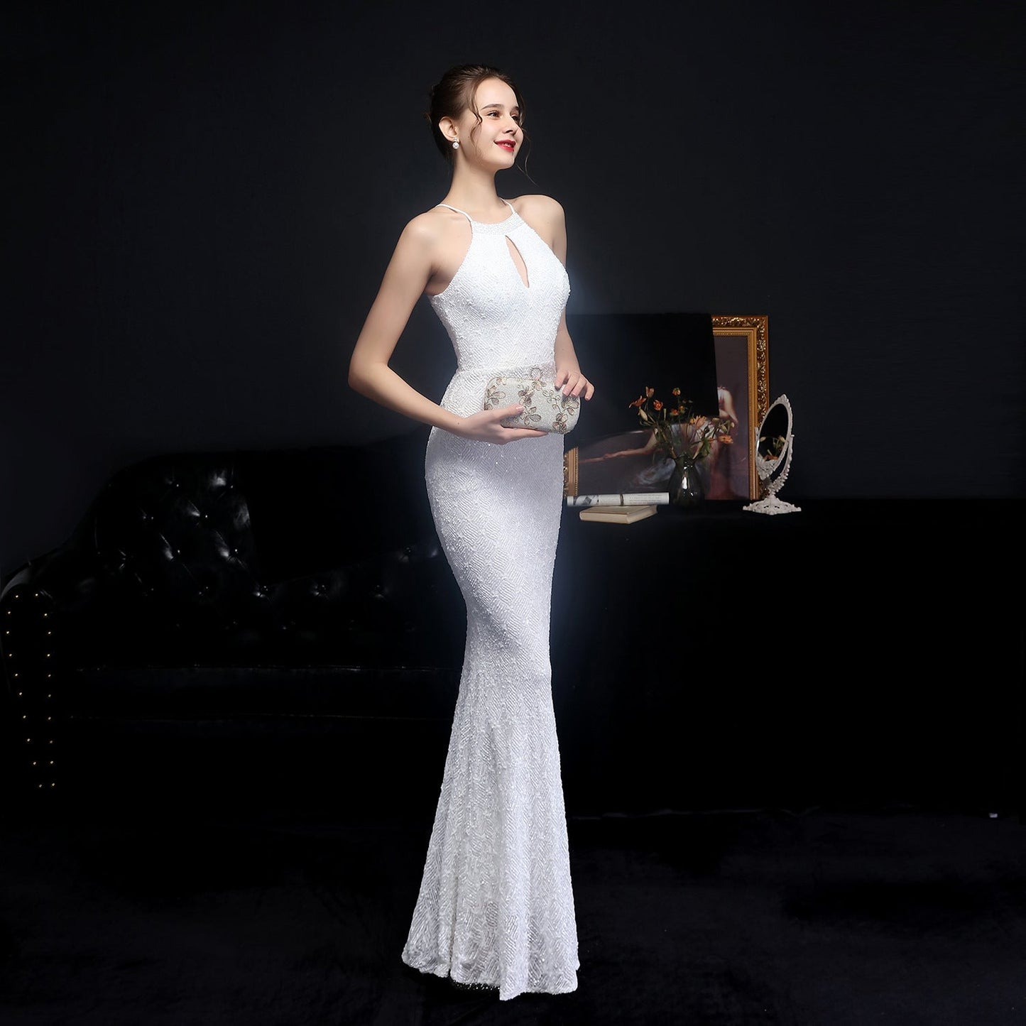 Long Neck Stapled Formal Dresses
