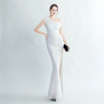 Fur Layered Beaded Formal Dress