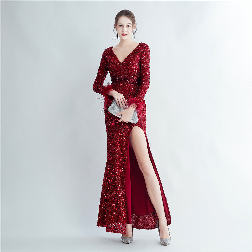 Split Long Sleeve Sequin Formal Dress