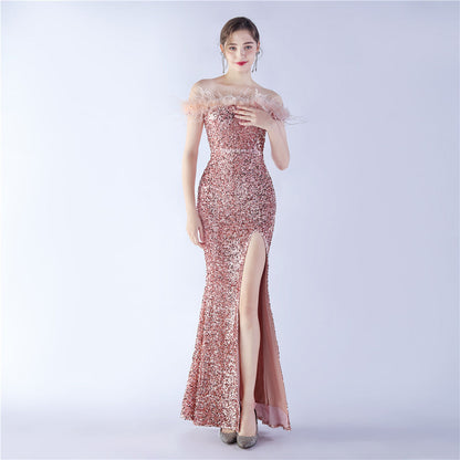 Fur One Shoulder Formal Dress