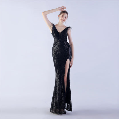 Camel Hair Side Split Formal Dress