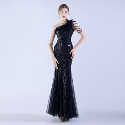 Beaded and Ostrich Fur Sequined Formal Dress