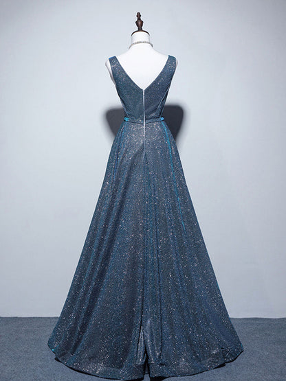 A-Line V Neck Satin Blue Dress