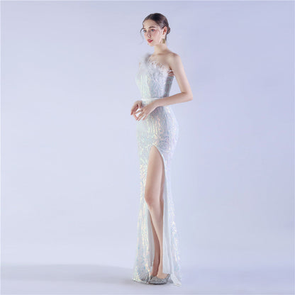 Fur Slant Neck One Shoulder Formal Dress