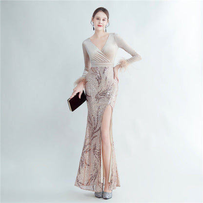 Ostrich Beaded Velvet Side Split Formal Dress