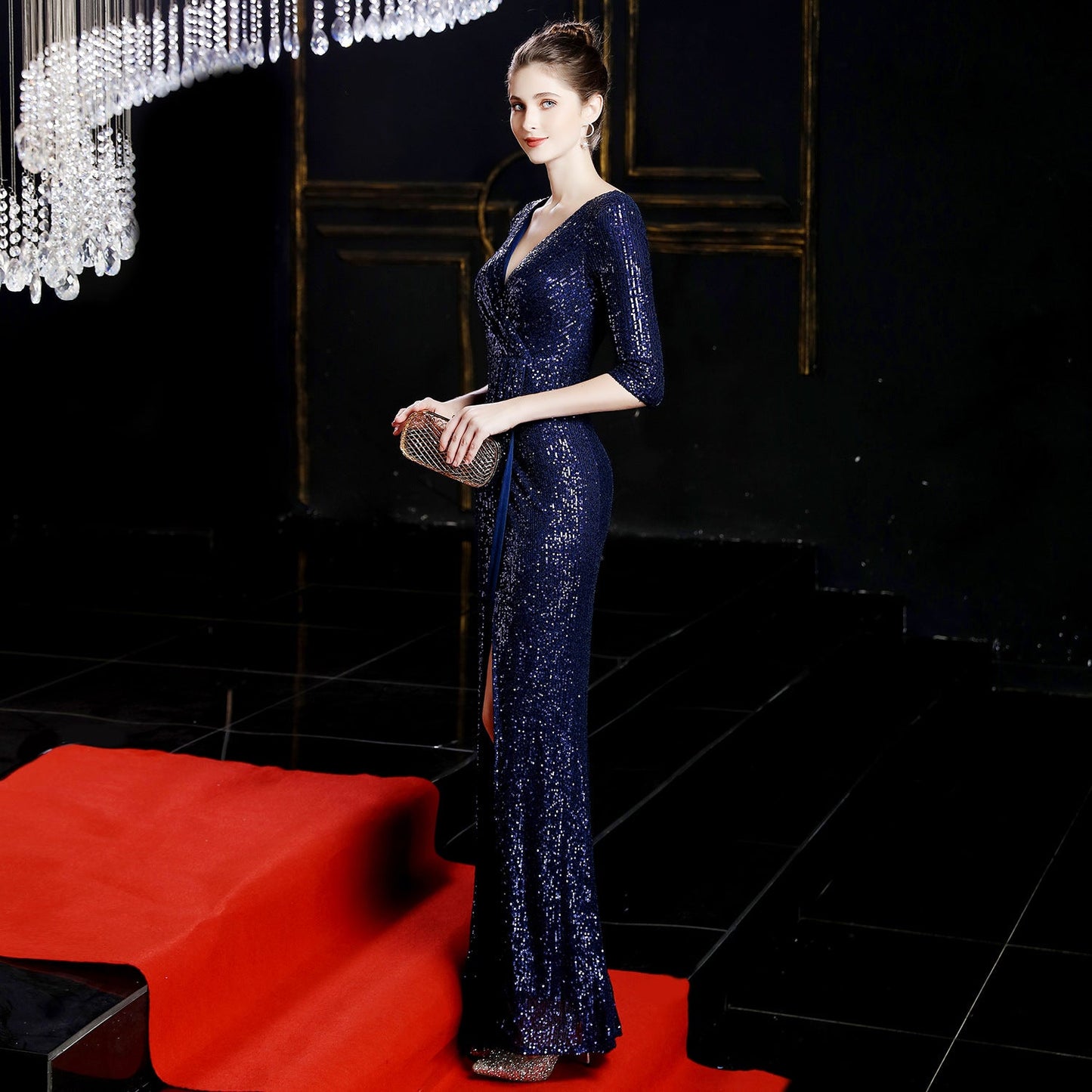 Long Sleeve Sequin Fishtail Formal Dress