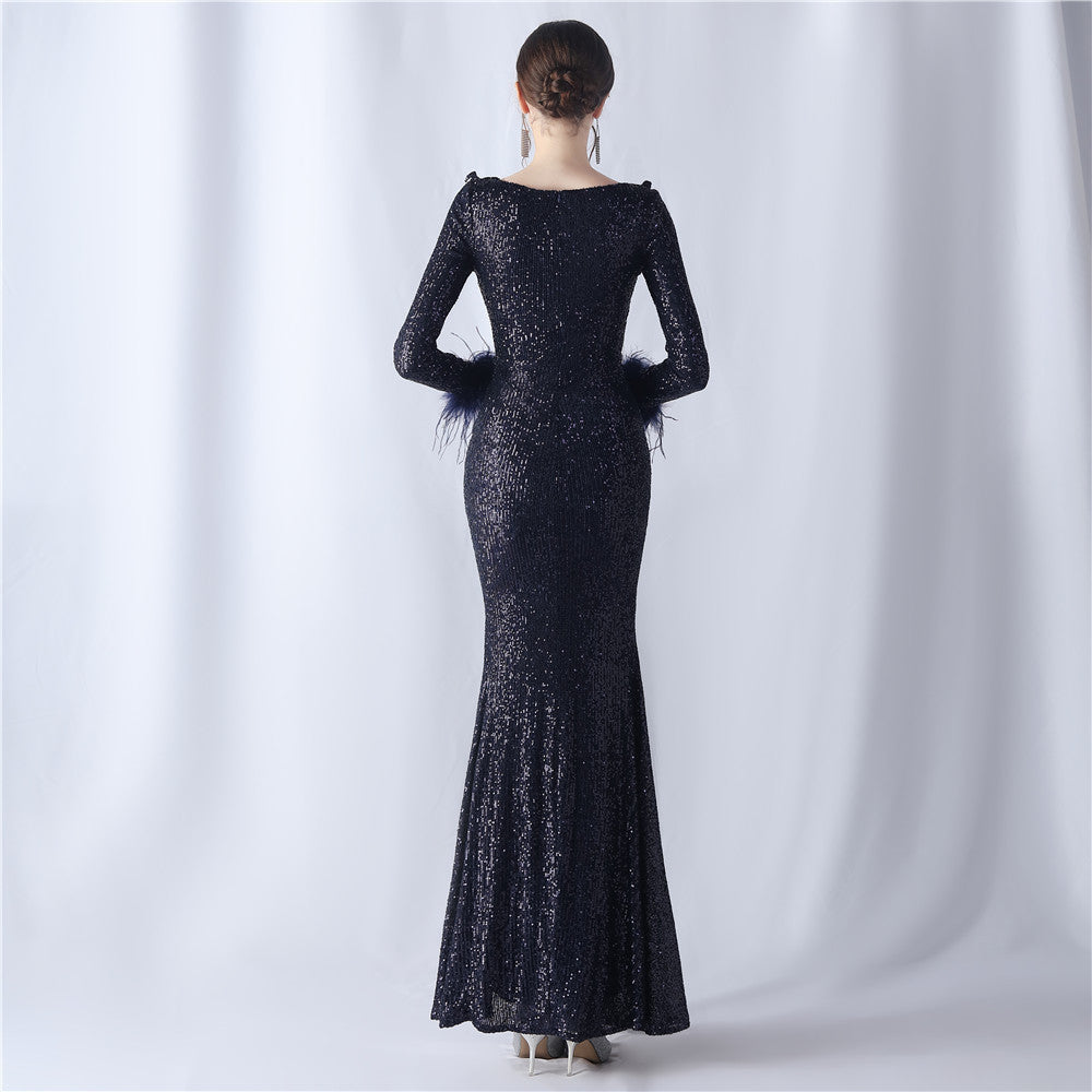 Ostrich Wave Beaded Formal Dress