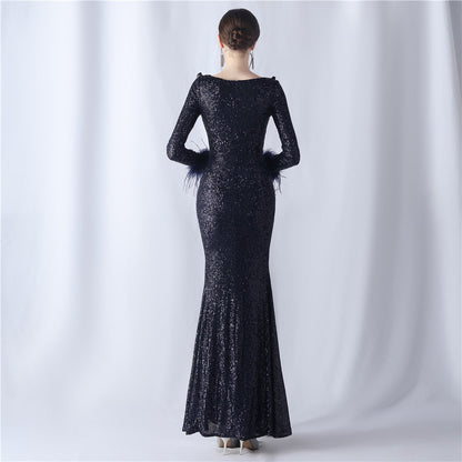 Ostrich Wave Beaded Formal Dress