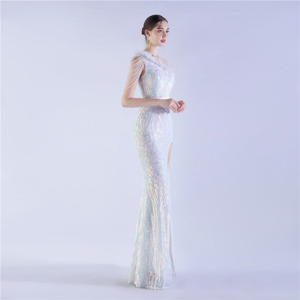 Fur Slant Neck One Shoulder Formal Dress