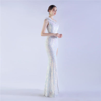 Fur Slant Neck One Shoulder Formal Dress