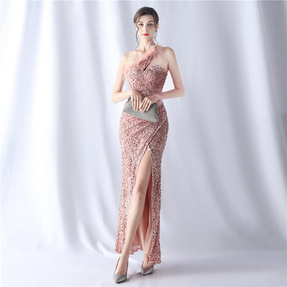 Ostrich Velvet Bottom One Shoulder Formal Dress