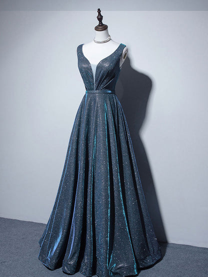 A-Line V Neck Satin Blue Dress