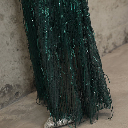 Silk Thread Fringe Beaded Formal Dresses