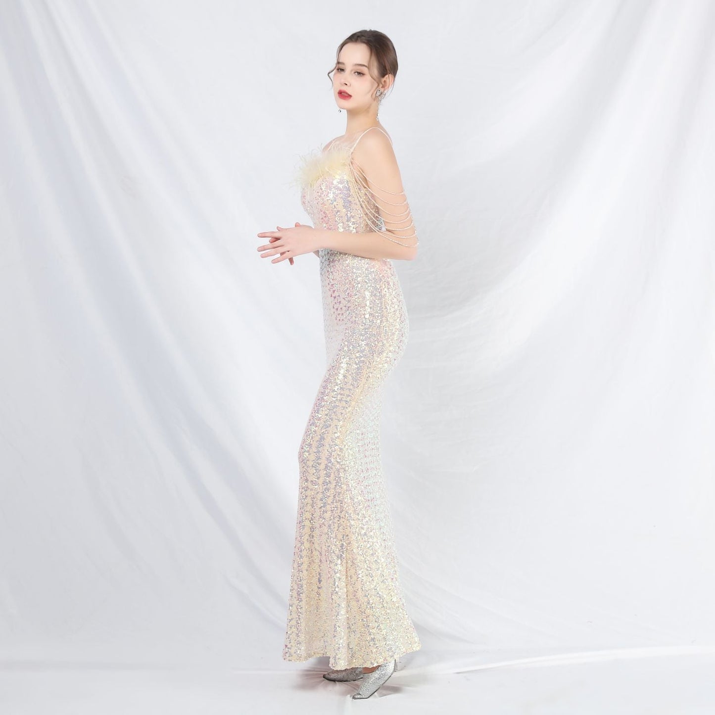 Ostrich Fur Illusion Beaded Formal Dress