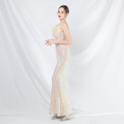 Ostrich Fur Illusion Beaded Formal Dress