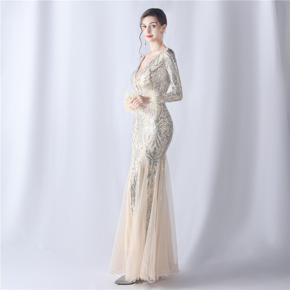 Ostrich Fur Mesh Beaded Formal Dresses