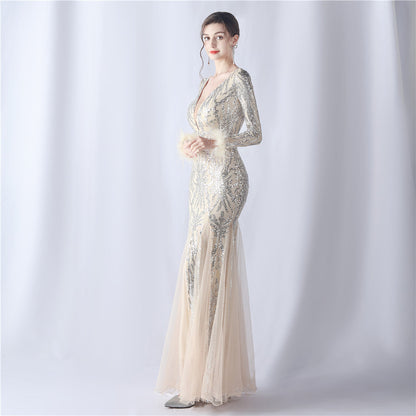Ostrich Fur Mesh Beaded Formal Dresses