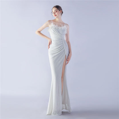 Ostrich Beaded Side Split Formal Dress