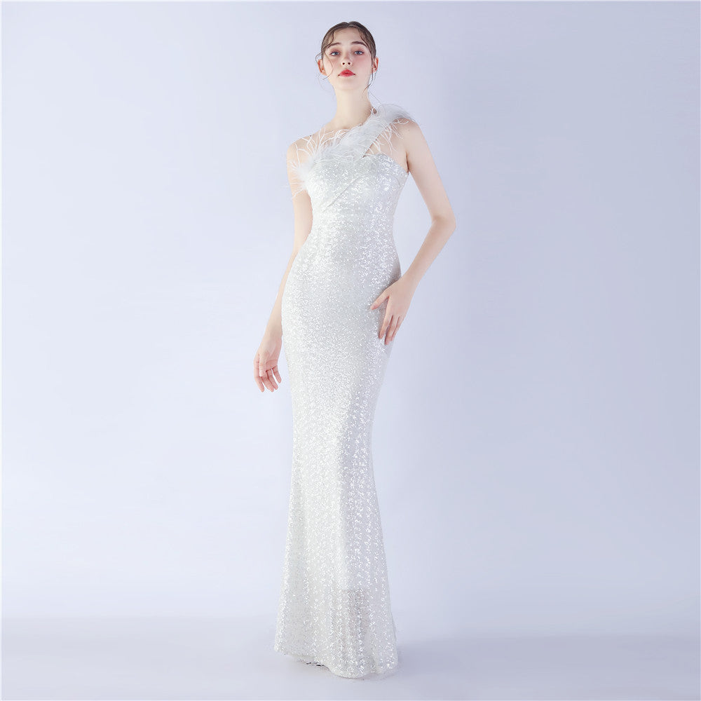Ostrich Fur One-Shoulder Slant Neck Beaded Maxi Formal Dress