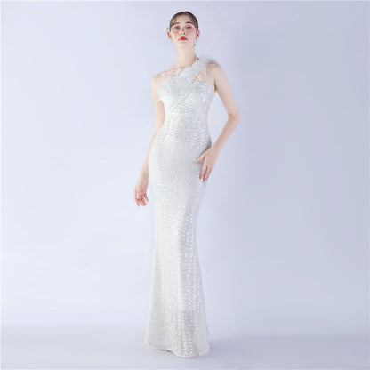 Ostrich Fur One-Shoulder Slant Neck Beaded Maxi Formal Dress