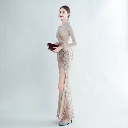 Ostrich Beaded Velvet Side Split Formal Dress