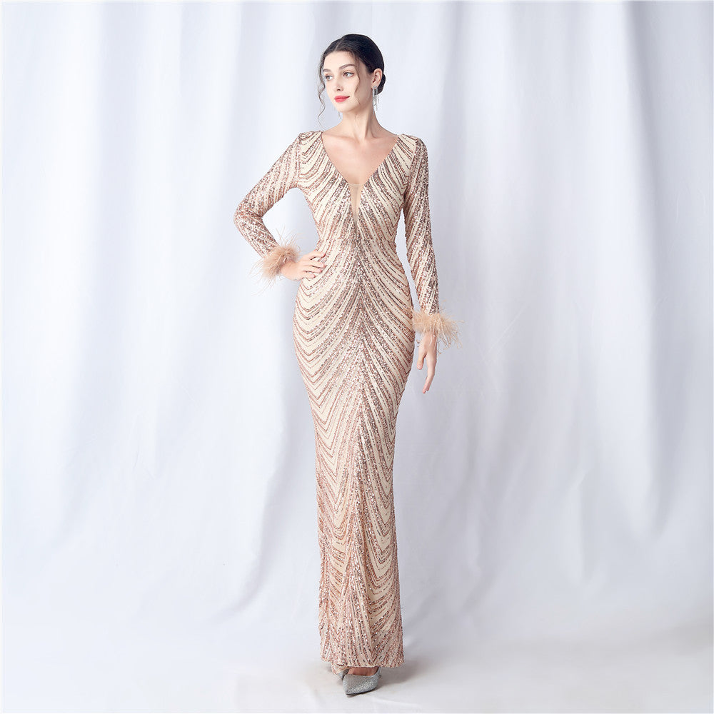 Ostrich Fur Long Sleeve Formal Dress