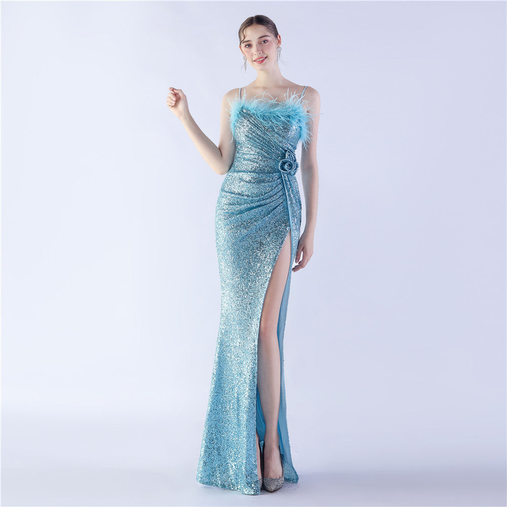 Fur Crafted Flower Formal Dress