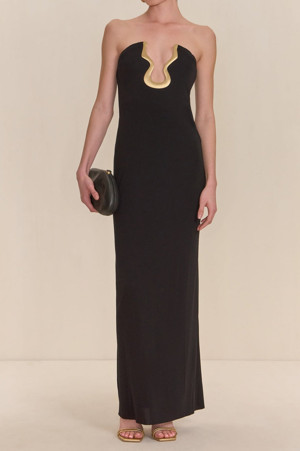 signature gold hardware cutout strapless column gown in black